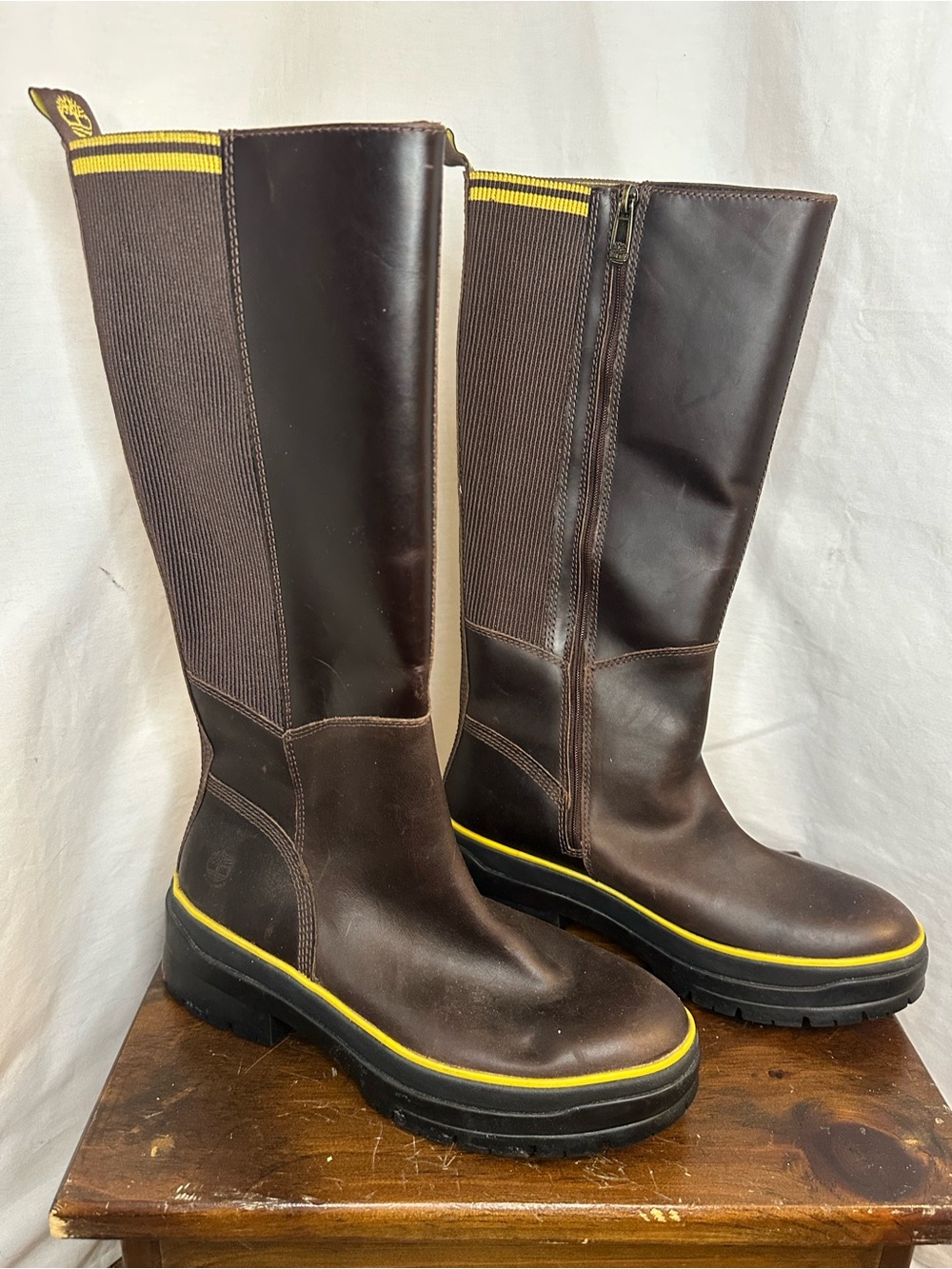 Timberland Brown Leather Mid-Calf Boots with Yellow Trim